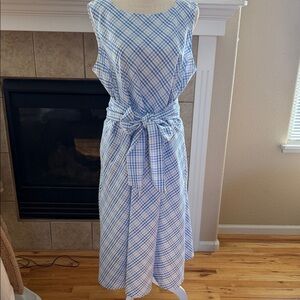Calvin Klein Light Blue and White Plaid Midi Dress with Tie Waist